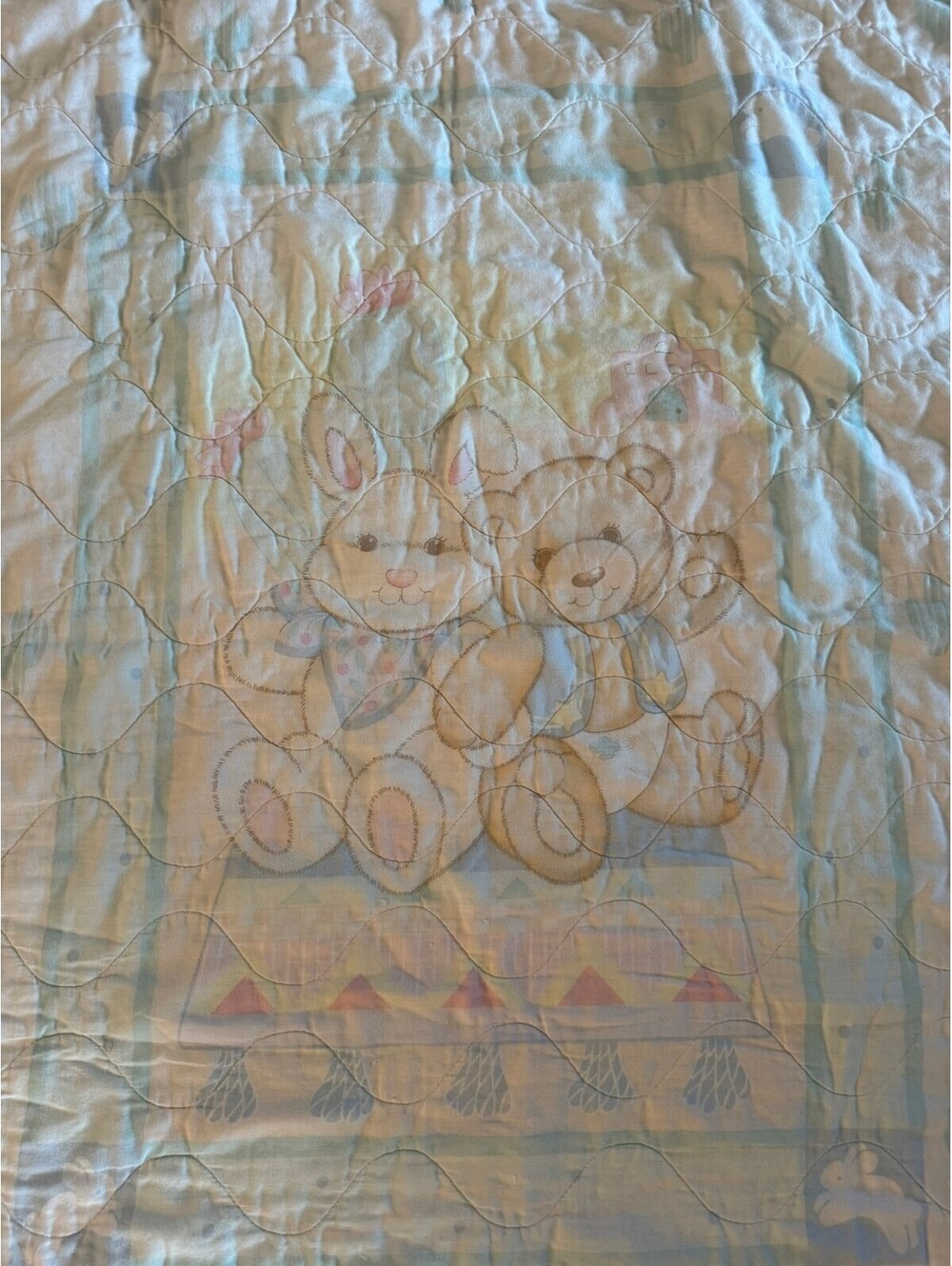 Vintage Quilted Baby Blanket with Bunny and Bear Design